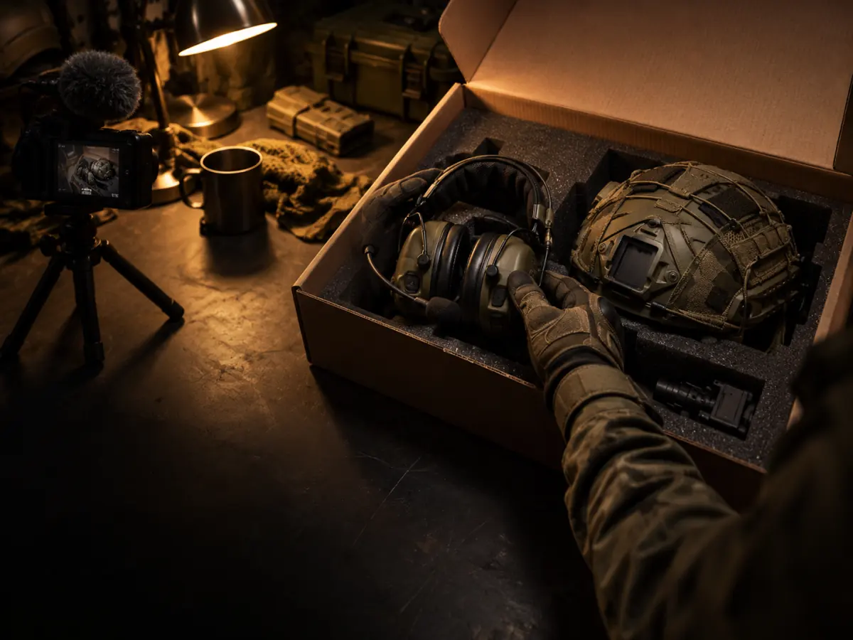 Airsoft headset and helmet being unboxed for a gear review