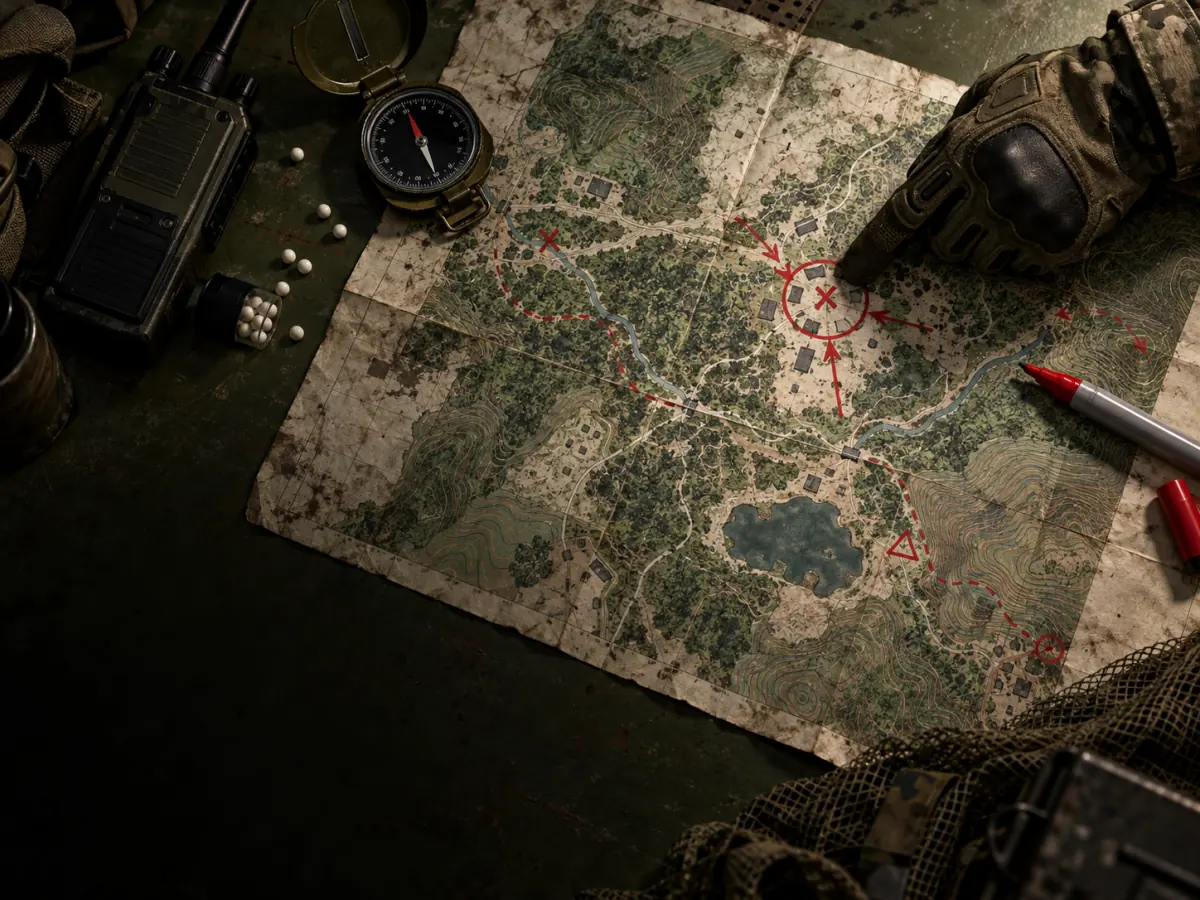 Airsoft field map with a marked objective, compass, radio and BBs on a table