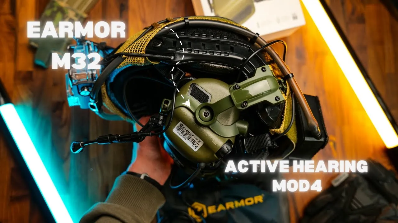 EARMOR M32 MOD4 active headset mounted on an airsoft helmet